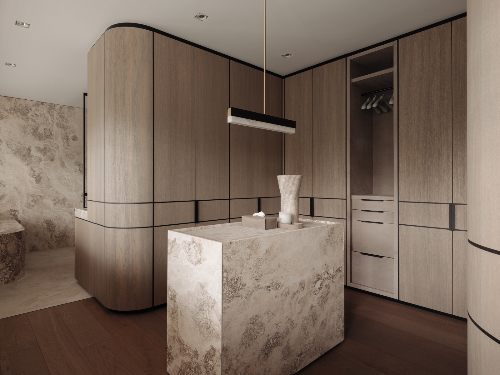 Inloopkast met marmeren eiland, luxe walk in closet