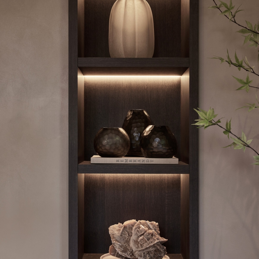 Luxe woonkamer kast, boekenkast, open kast, maatwerk kast, op maat gemaakte kast, houten kast, strakk interieurbouw